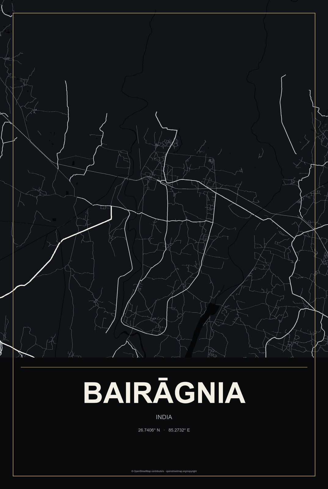 Bairāgnia, India City Map Aluminum Sign in Metropolitan Noir style