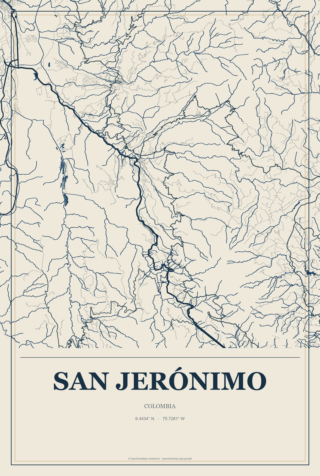 San Jerónimo, Colombia City Map Aluminum Sign in Coastal Cutout style