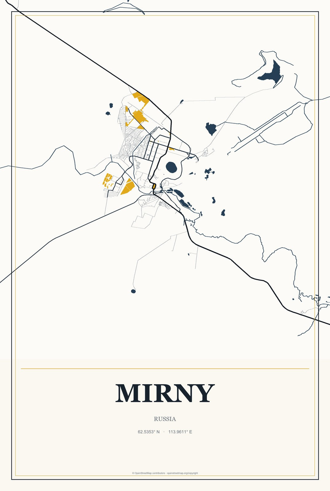 Mirny, Russia City Map Aluminum Sign in Citrine Modern style