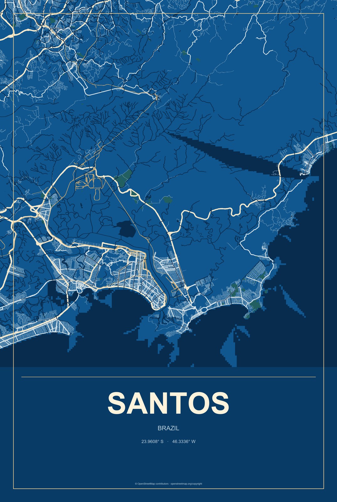 Santos, Brazil City Map Aluminum Sign in Harbor Cobalt style
