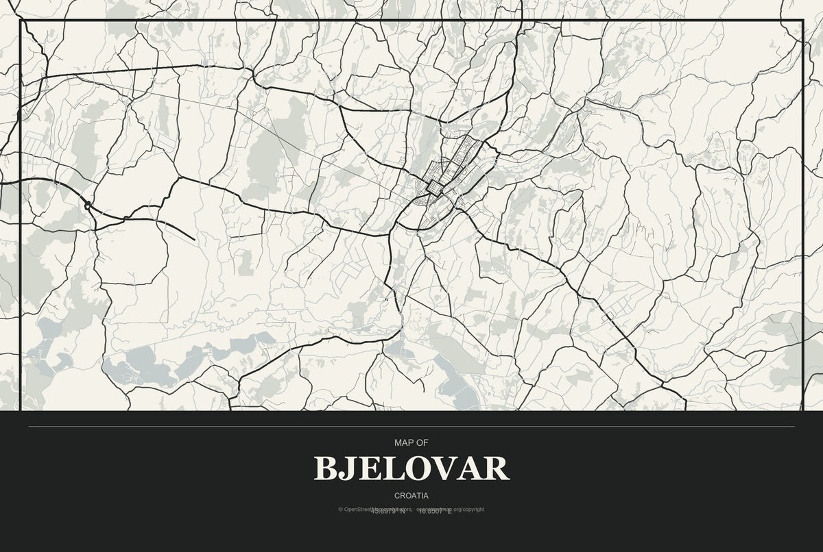 Bjelovar, Croatia City Map Aluminum Sign in Museum Plaque style
