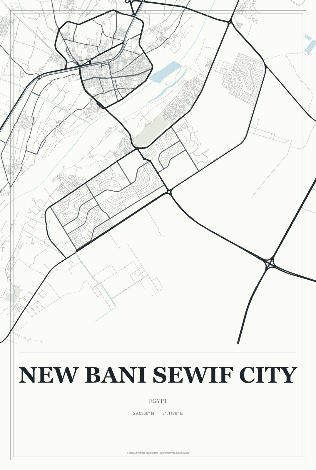 New Bani Sewif City, Egypt City Map Aluminum Sign in Gallery Air style