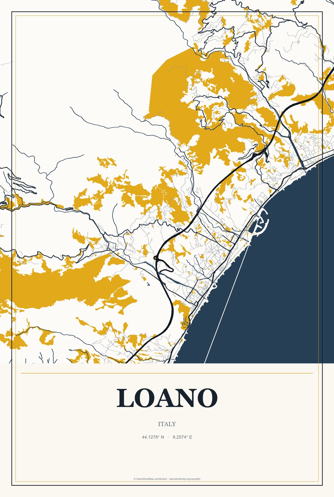 Loano, Italy City Map Aluminum Sign in Citrine Modern style