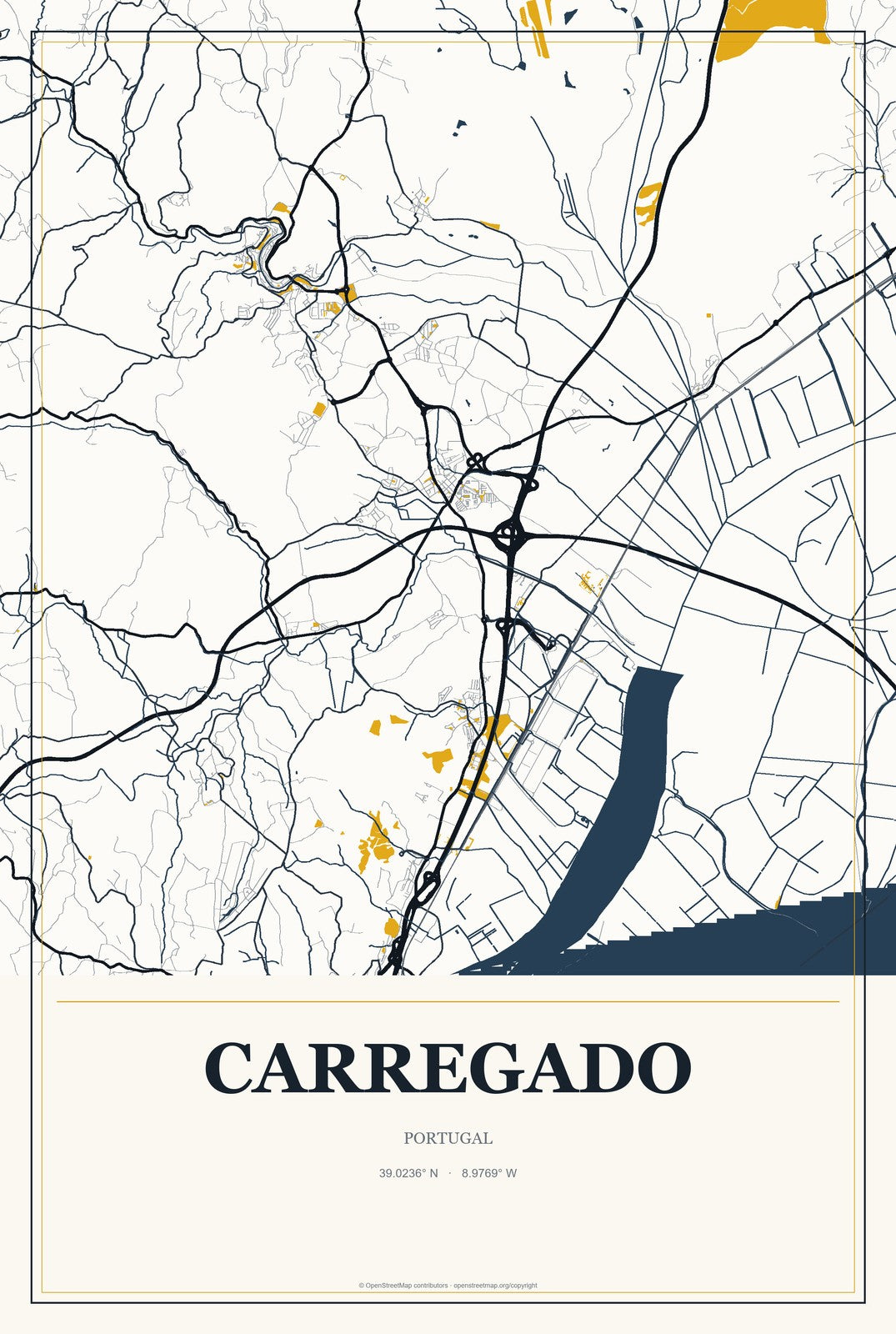 Carregado, Portugal City Map Aluminum Sign in Citrine Modern style