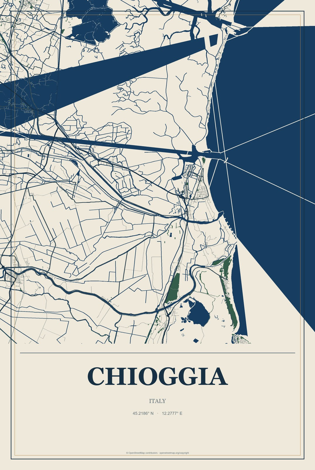 Chioggia, Italy City Map Aluminum Sign in Coastal Cutout style