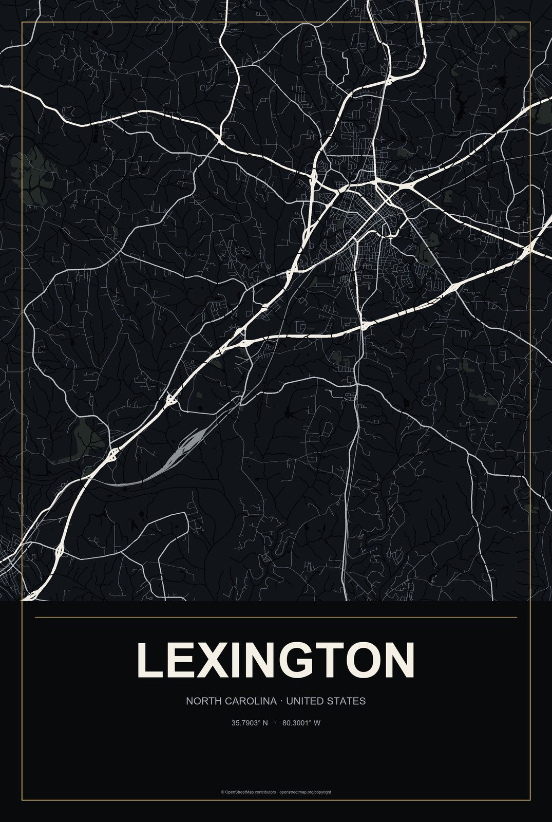 Lexington, North Carolina City Map Aluminum Sign in Metropolitan Noir style