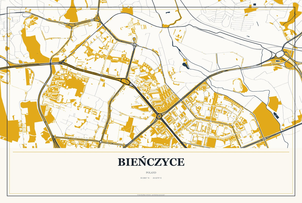 Bieńczyce, Poland City Map Aluminum Sign in Citrine Modern style