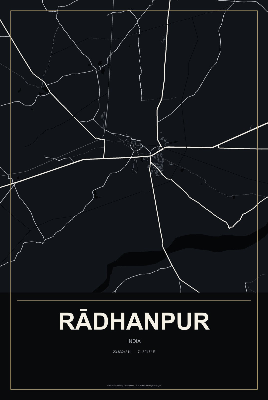 Rādhanpur, India City Map Aluminum Sign in Metropolitan Noir style