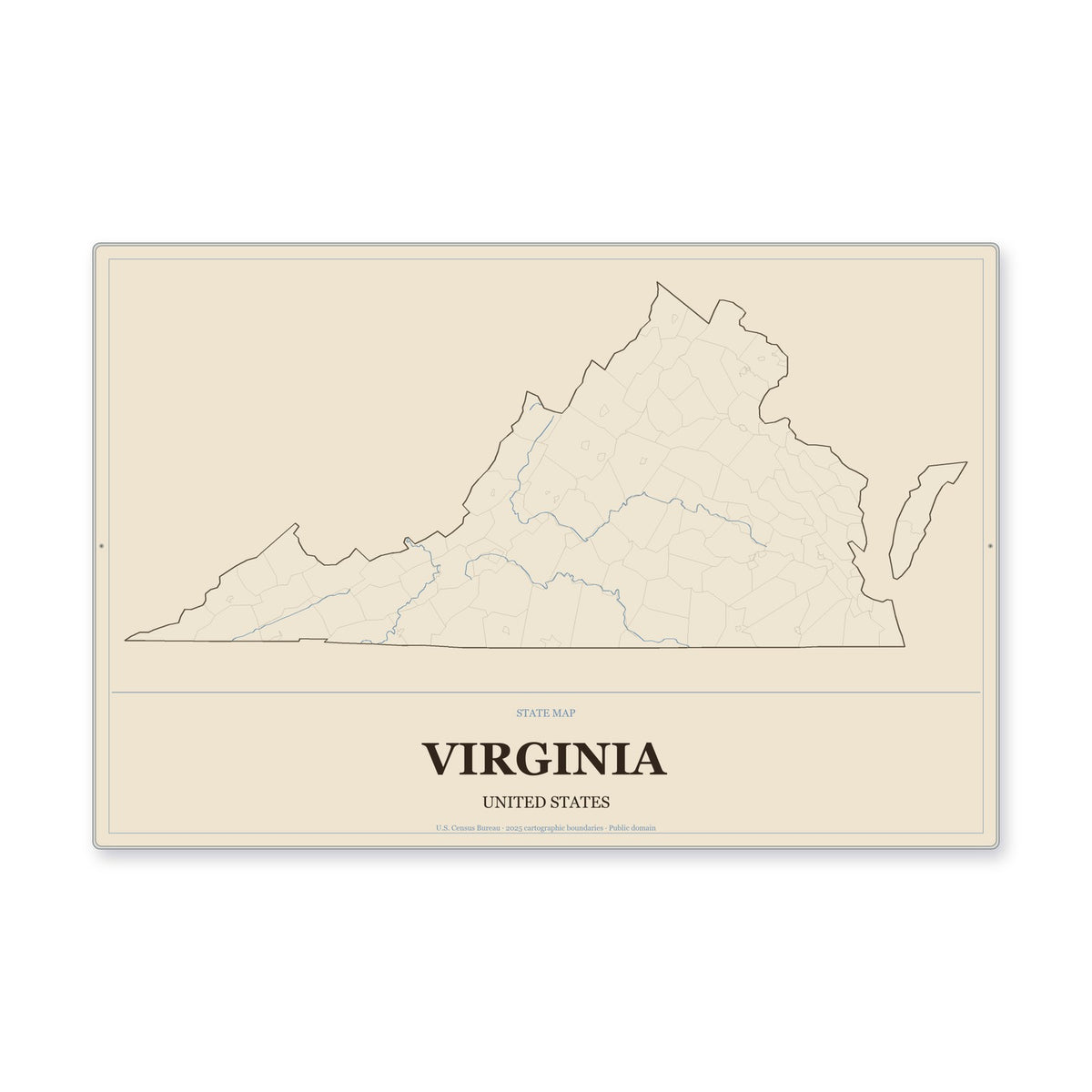 Virginia state map aluminum sign in Heritage Nautical style