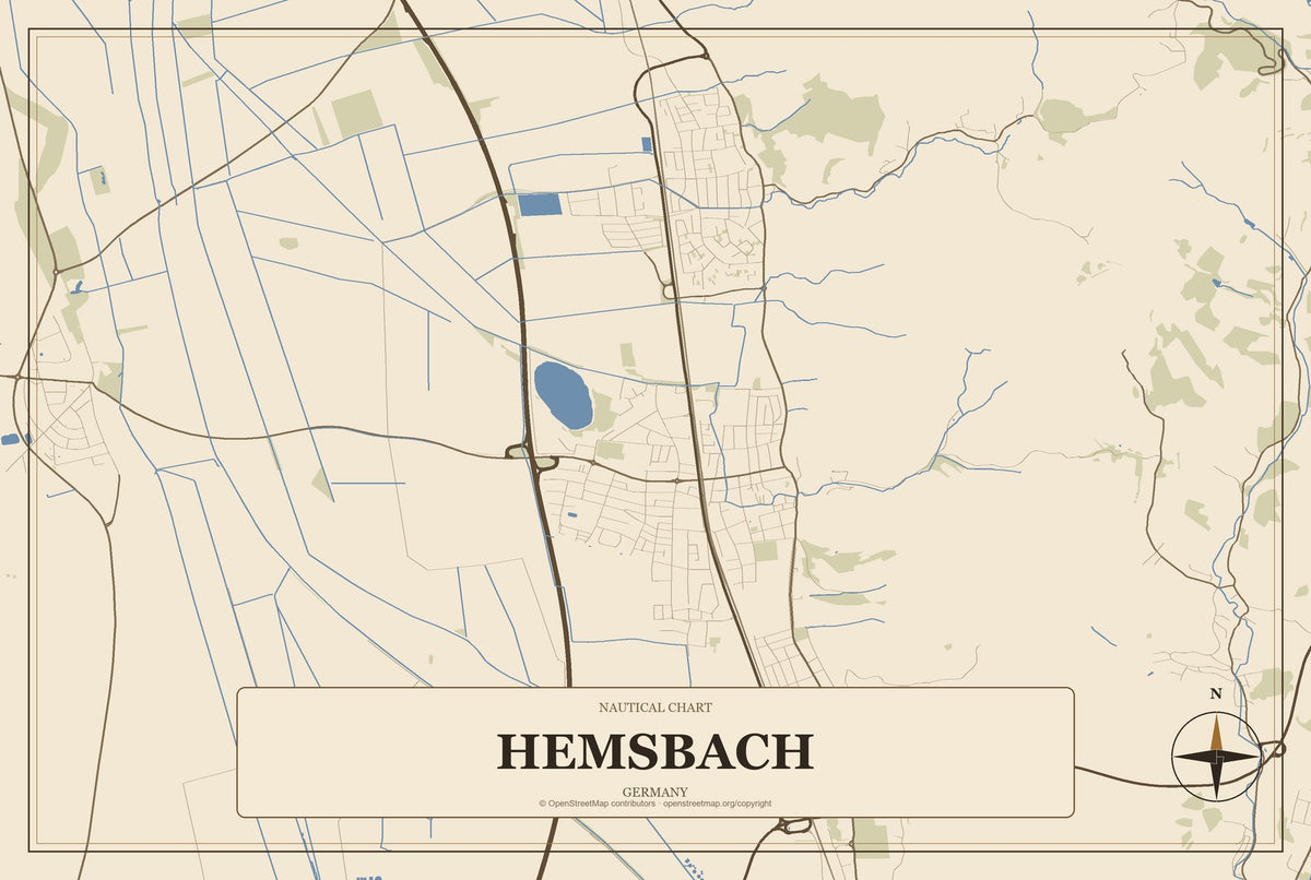 Hemsbach, Germany City Map Aluminum Sign in Heritage Nautical style