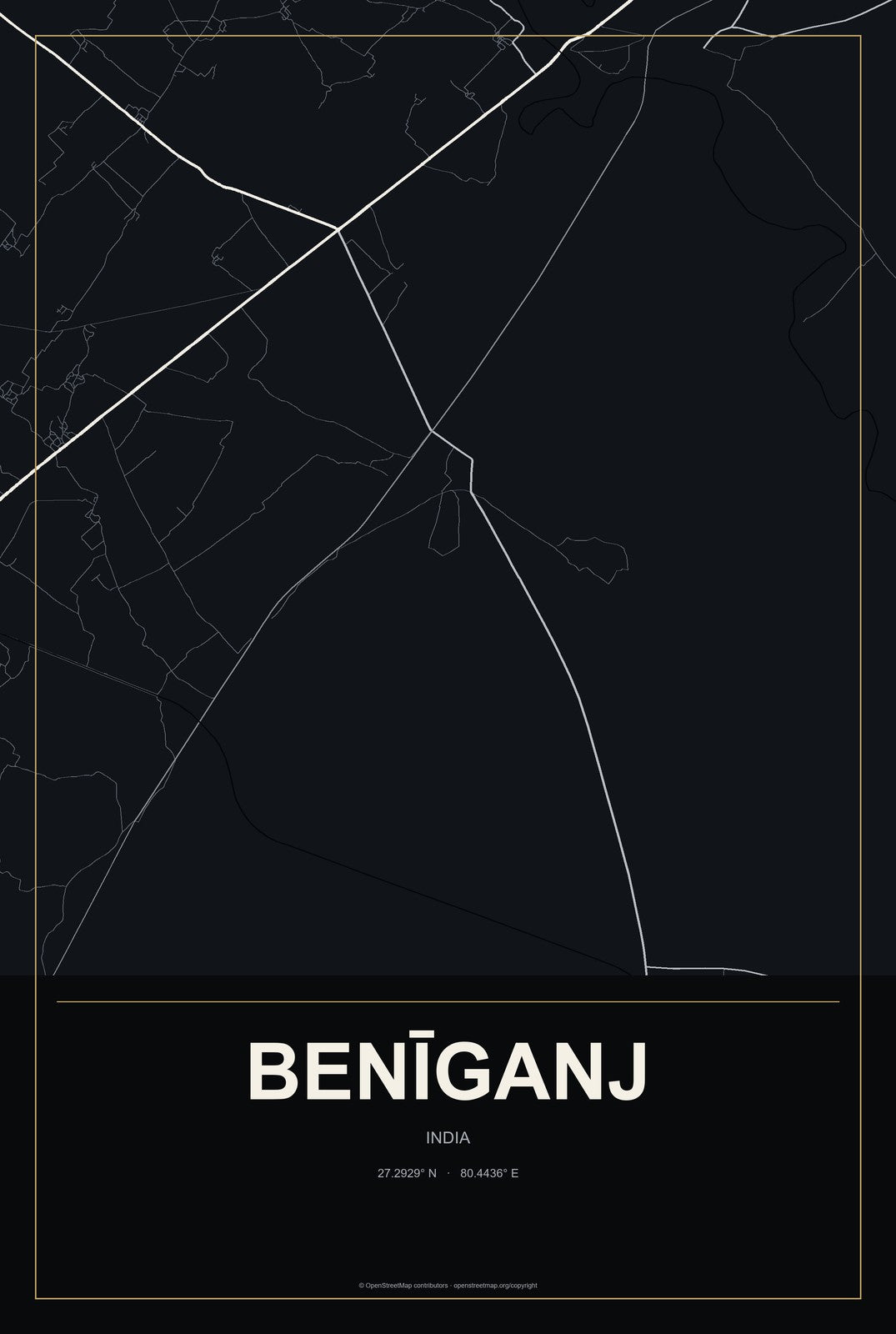 Benīganj, India City Map Aluminum Sign in Metropolitan Noir style