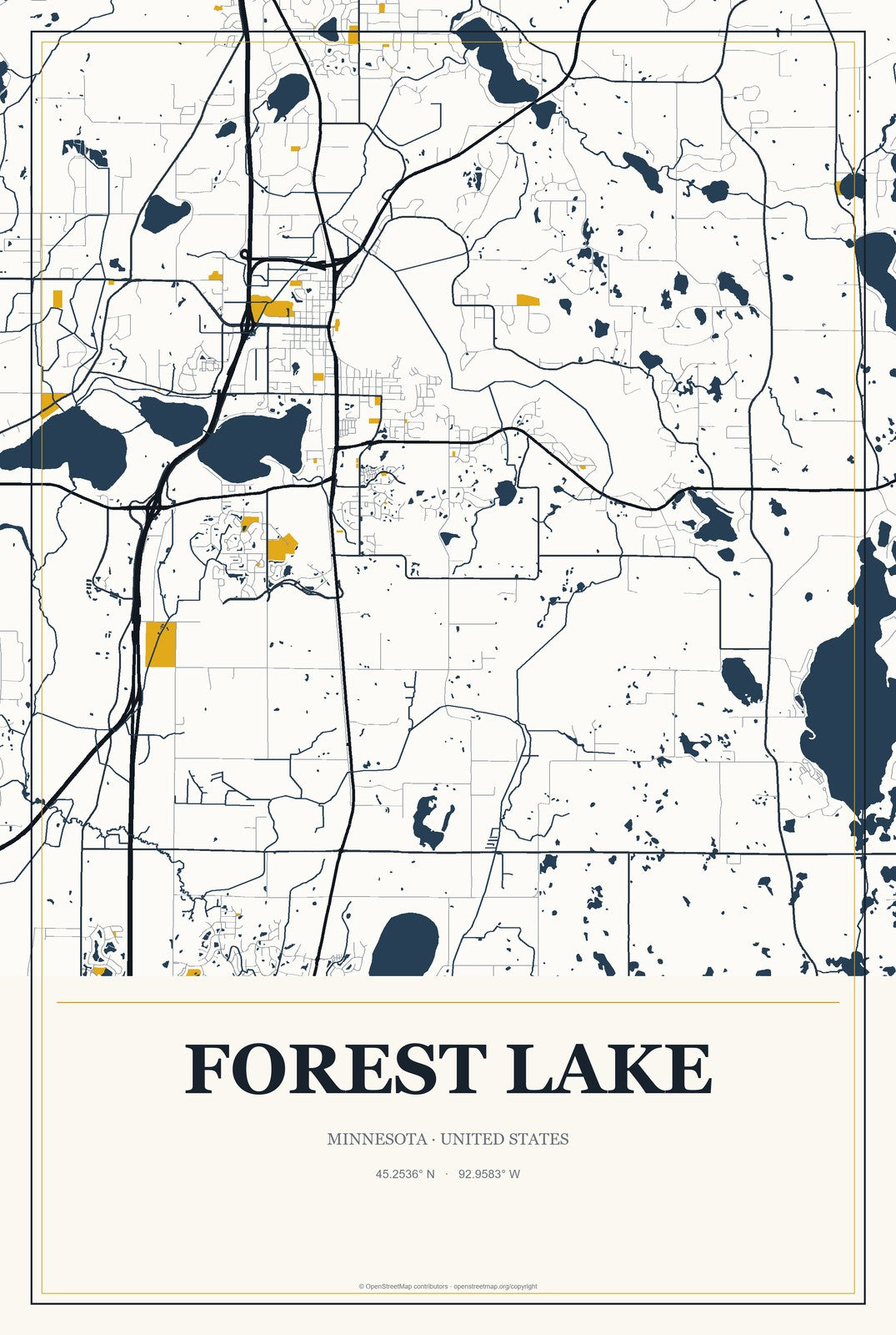 Forest Lake, Minnesota City Map Aluminum Sign in Citrine Modern style