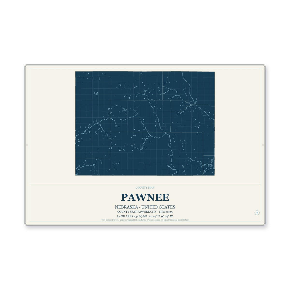 Pawnee County, Nebraska Map Aluminum Sign in Coastal Cutout style