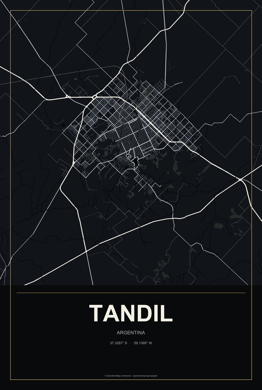 Tandil, Argentina City Map Aluminum Sign in Metropolitan Noir style