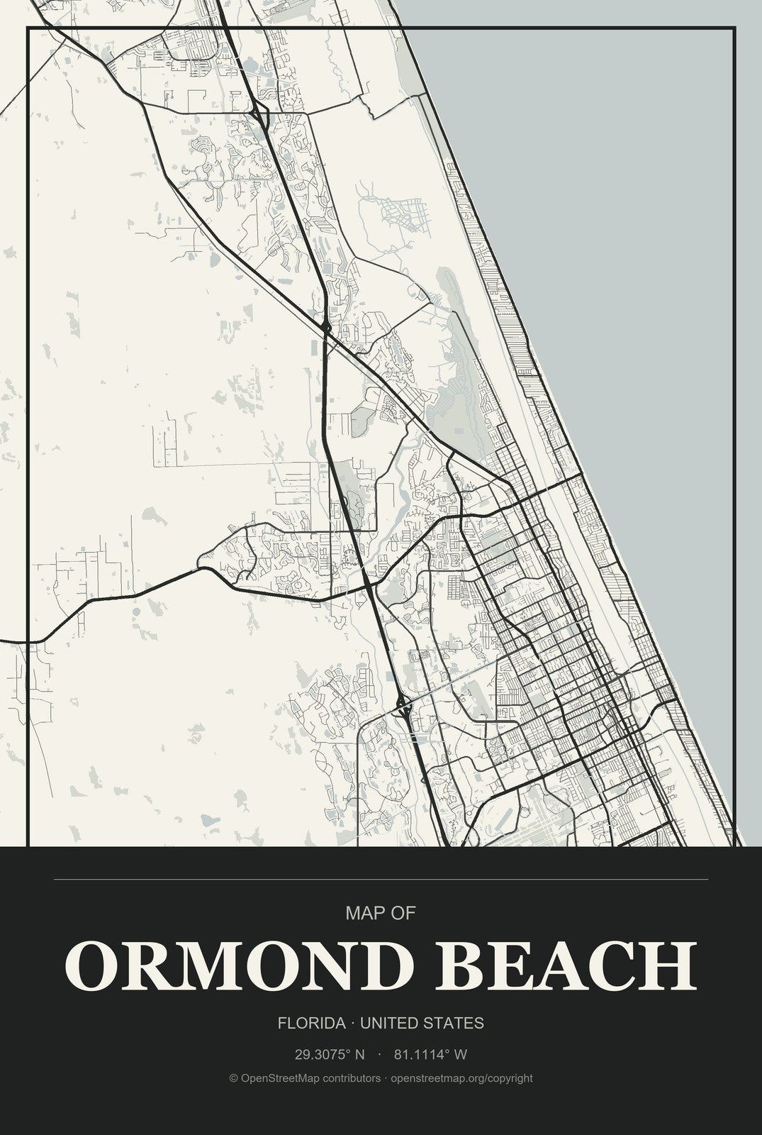 Ormond Beach, Florida City Map Aluminum Sign in Museum Plaque style