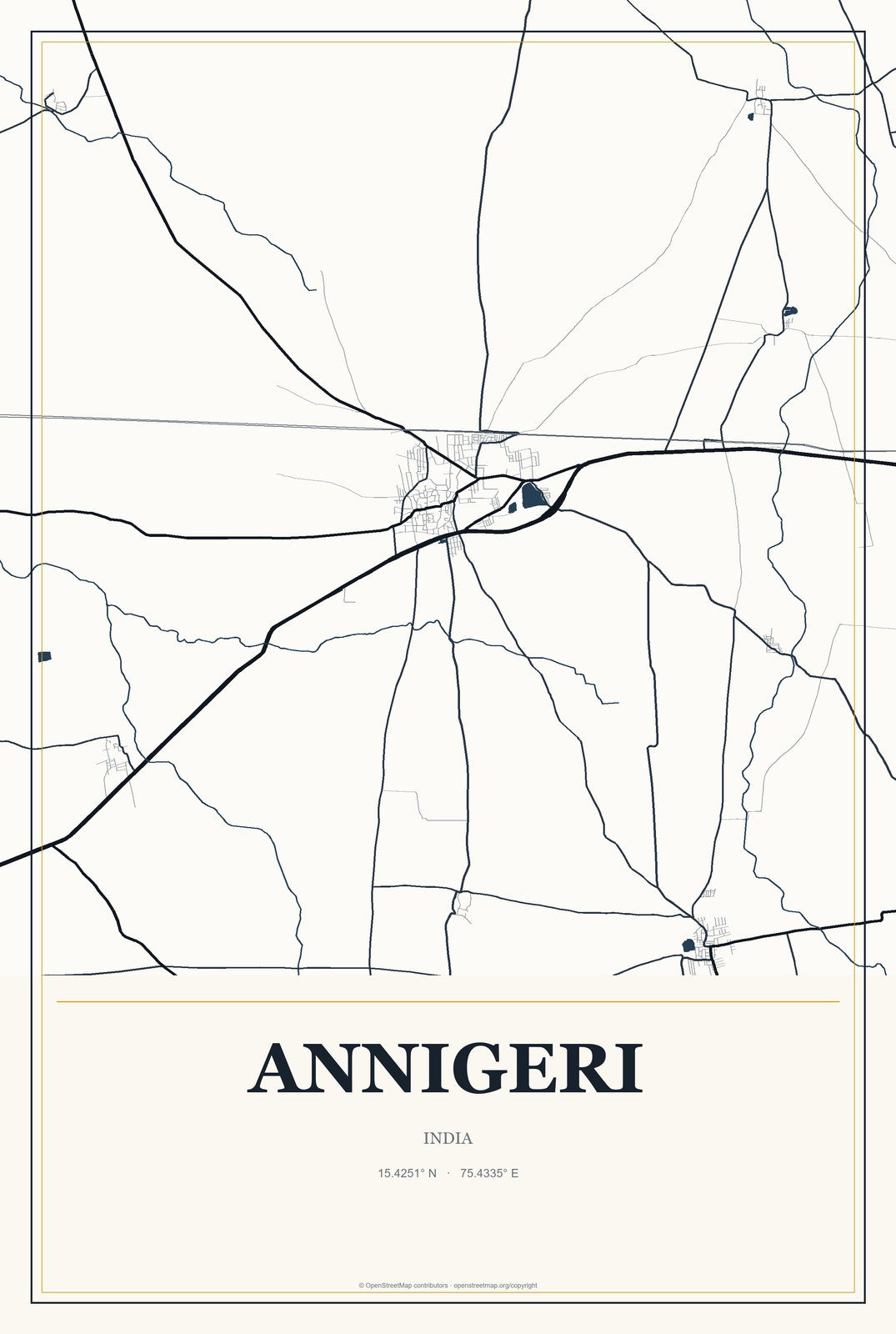Annigeri, India City Map Aluminum Sign in Citrine Modern style