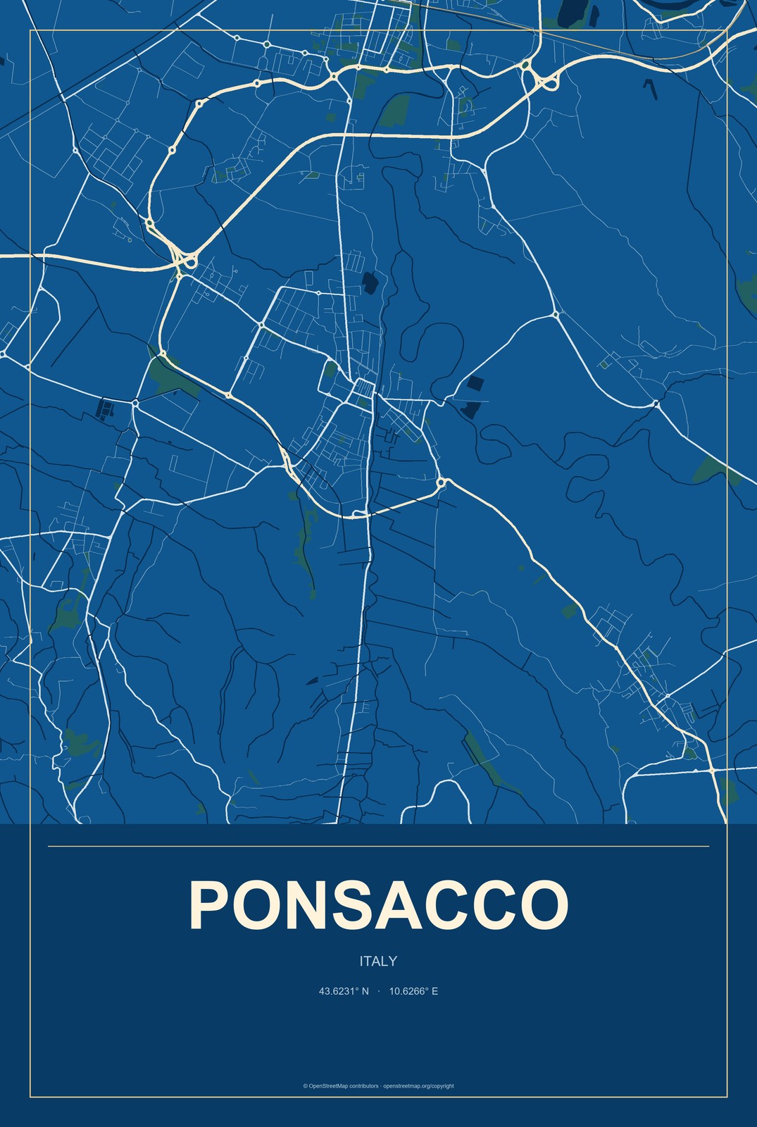 Ponsacco, Italy City Map Aluminum Sign in Harbor Cobalt style