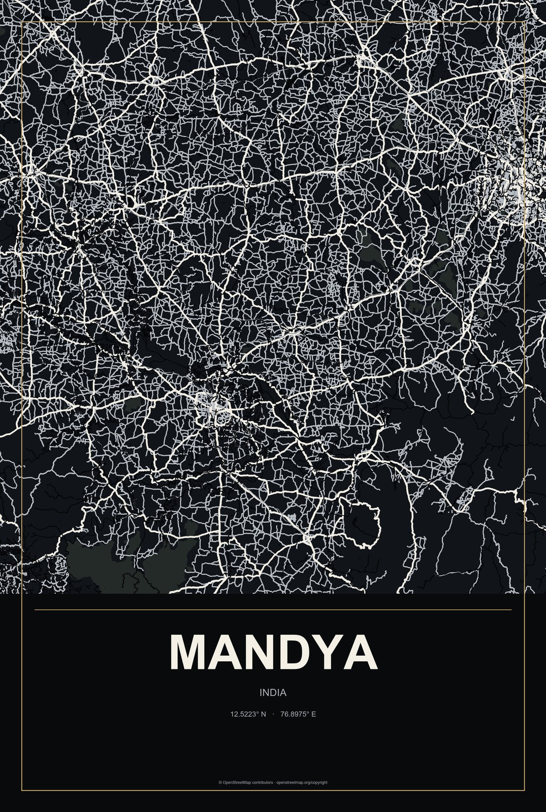 Mandya, India City Map Aluminum Sign in Metropolitan Noir style