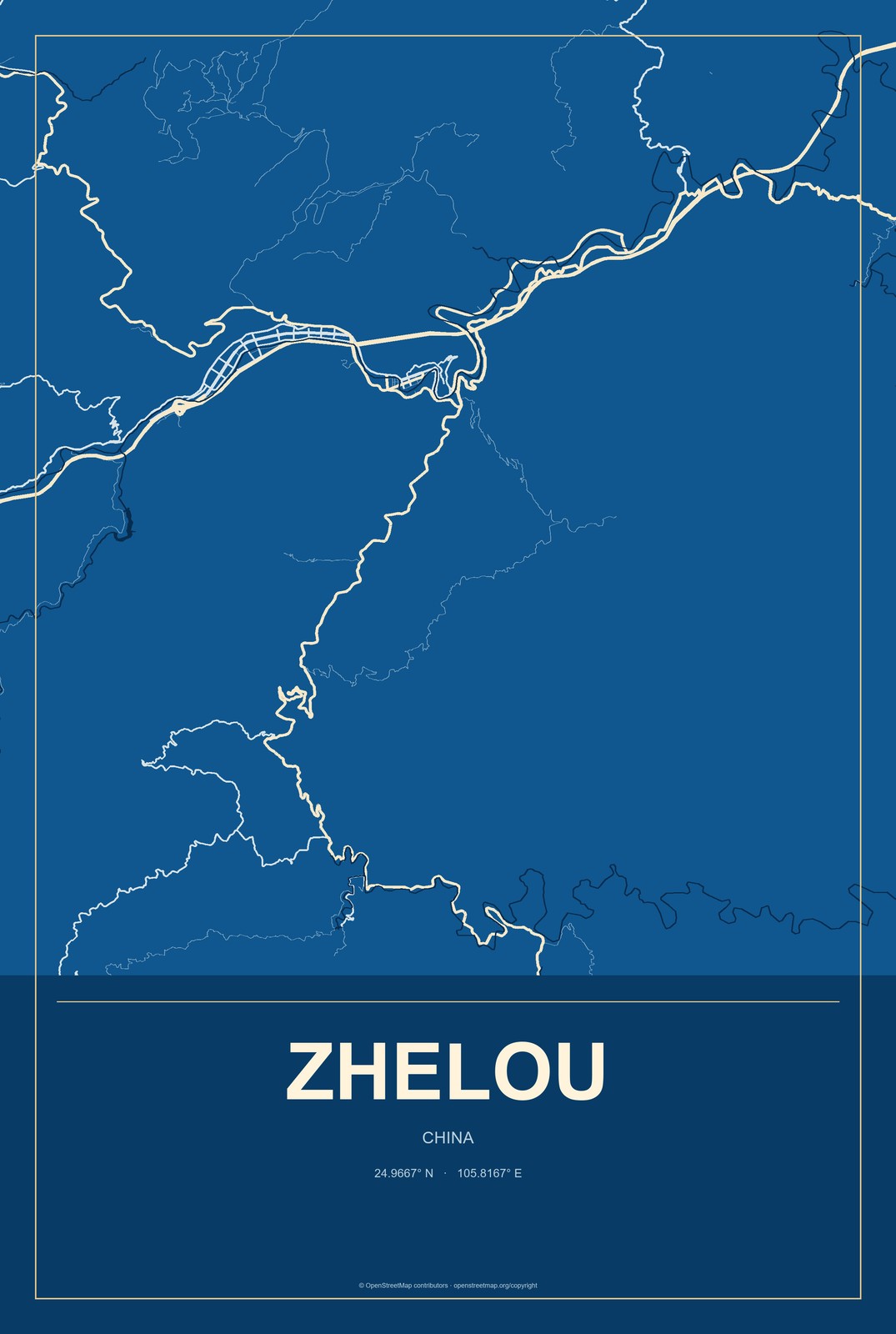 Zhelou, China City Map Aluminum Sign in Harbor Cobalt style