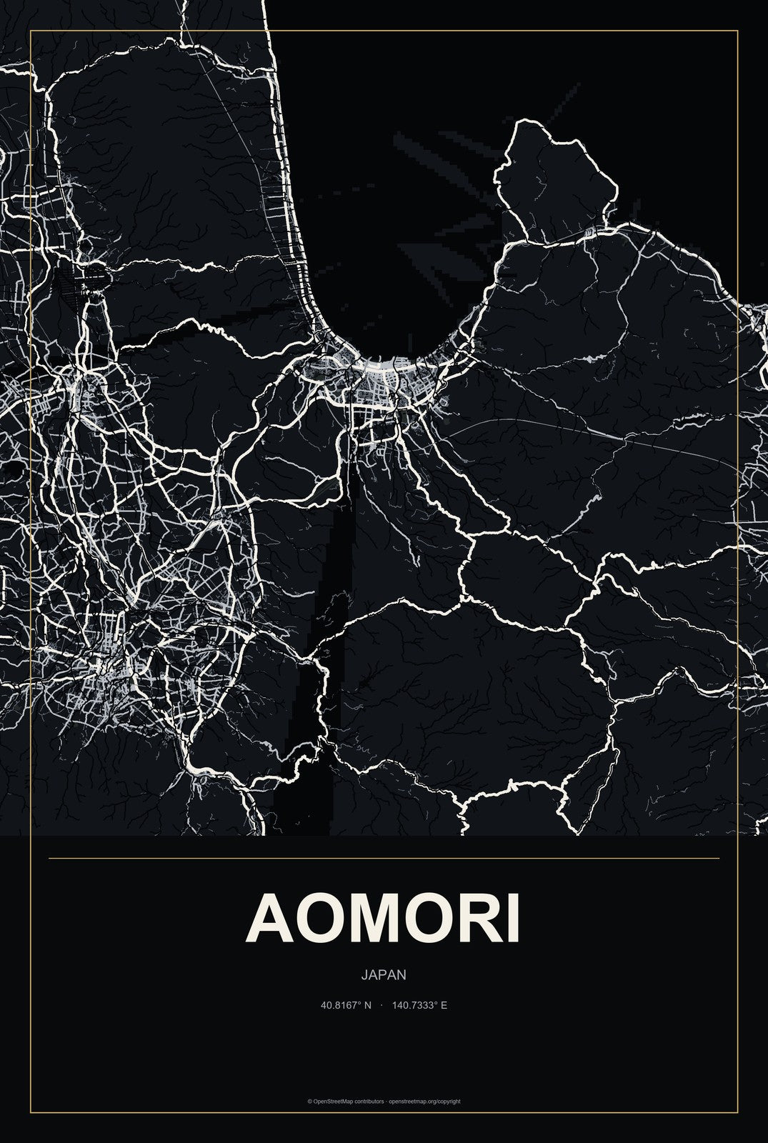 Aomori, Japan City Map Aluminum Sign in Metropolitan Noir style