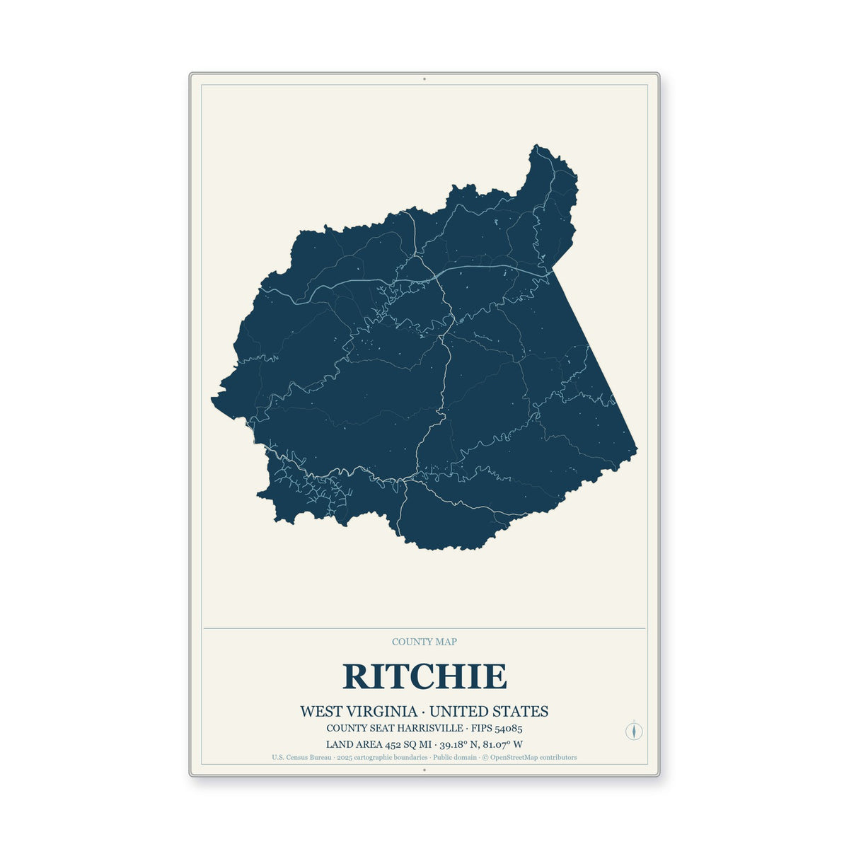 Ritchie County, West Virginia Map Aluminum Sign in Coastal Cutout style