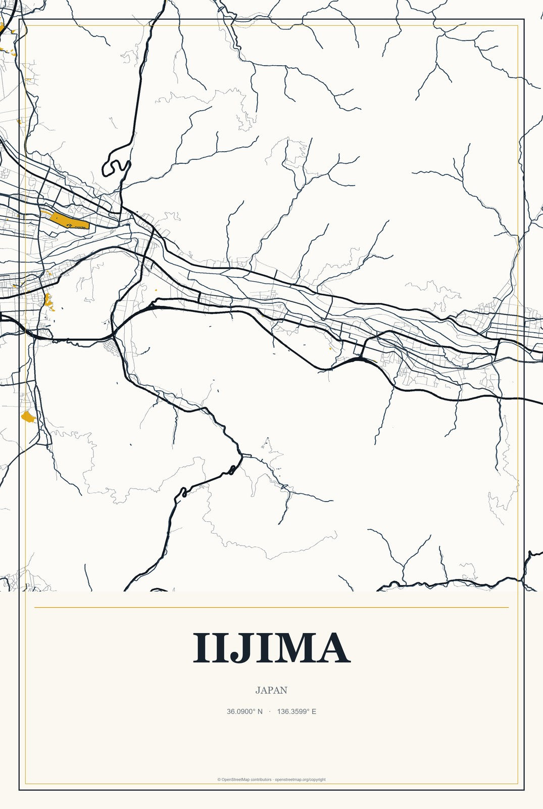 Iijima, Japan City Map Aluminum Sign in Citrine Modern style