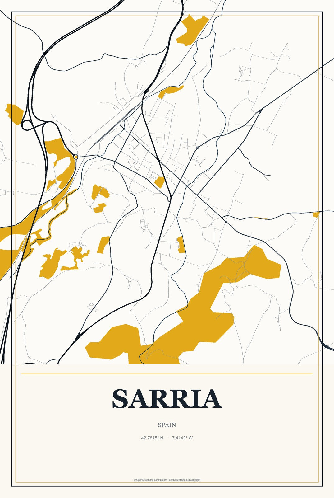 Sarria, Spain City Map Aluminum Sign in Citrine Modern style