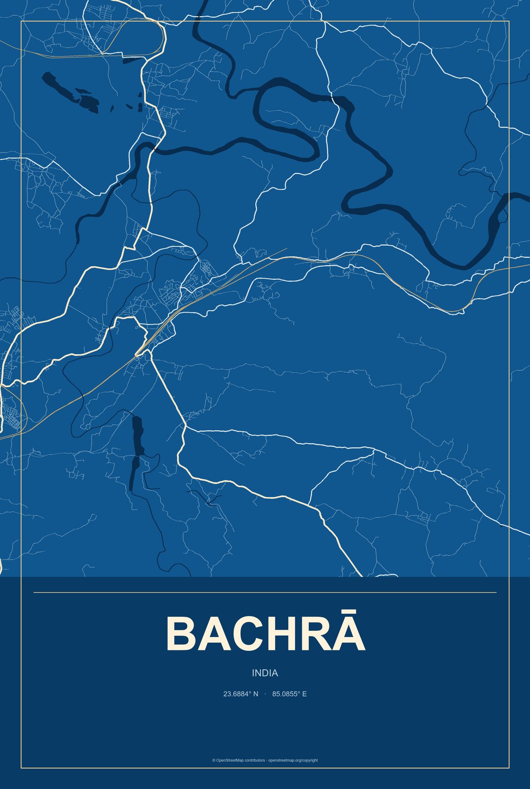 Bachrā, India City Map Aluminum Sign in Harbor Cobalt style
