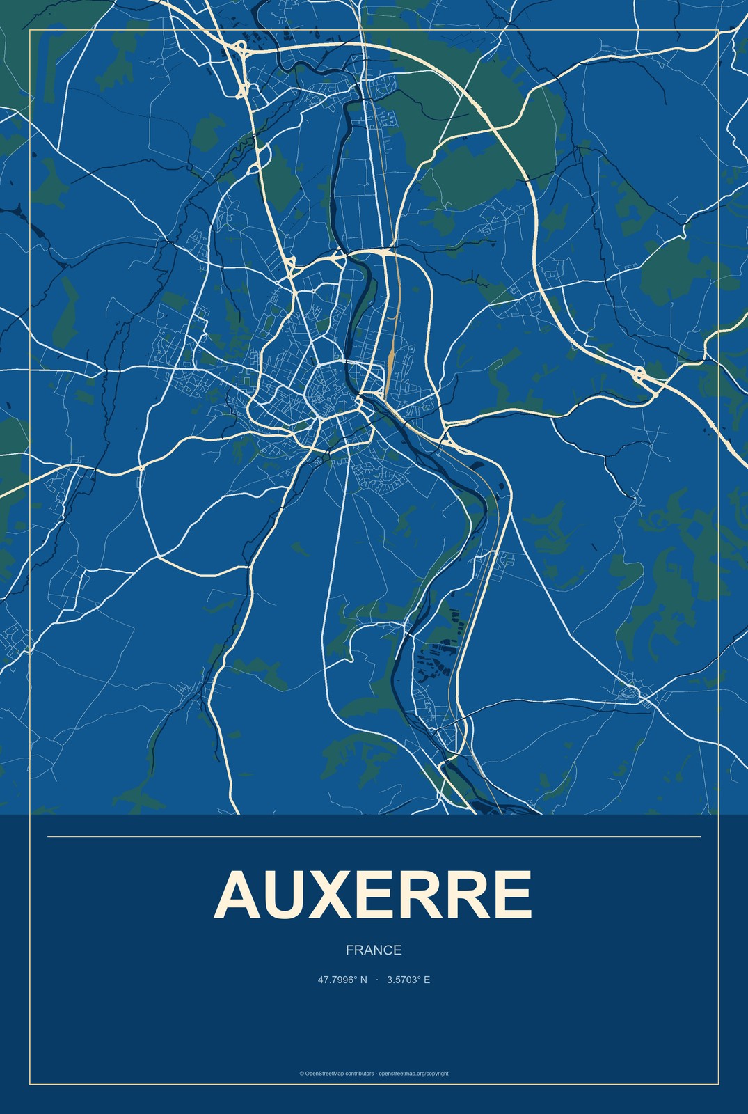 Auxerre, France City Map Aluminum Sign in Harbor Cobalt style
