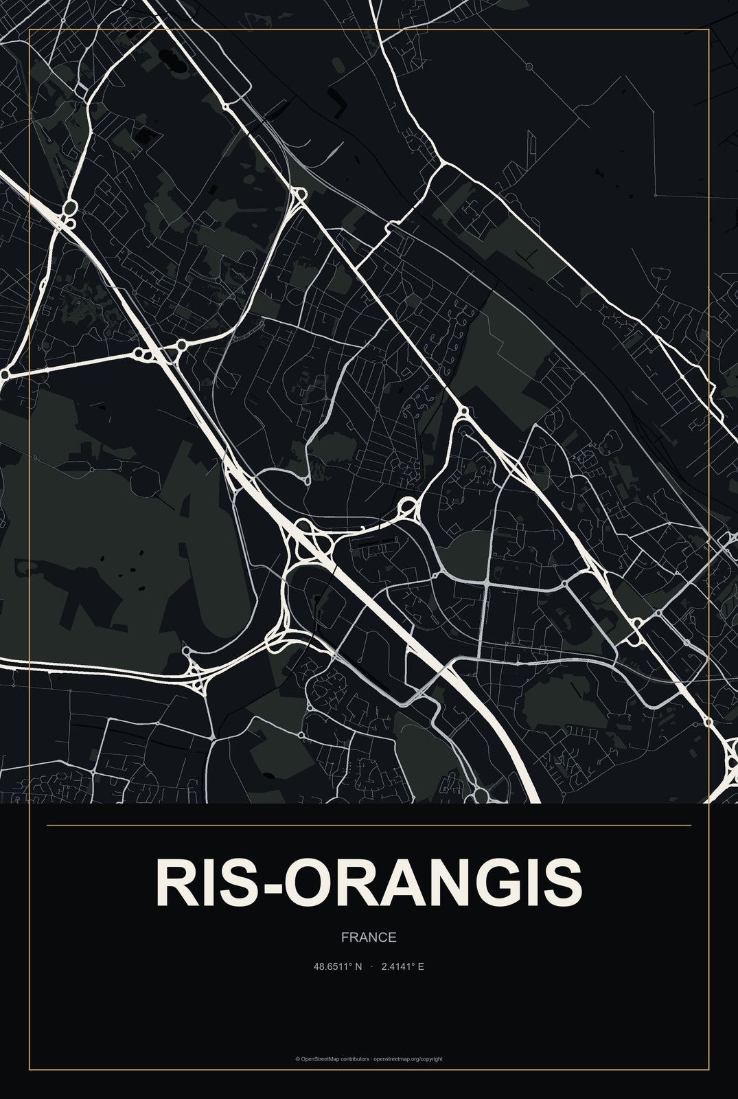 Ris-Orangis, France City Map Aluminum Sign in Metropolitan Noir style
