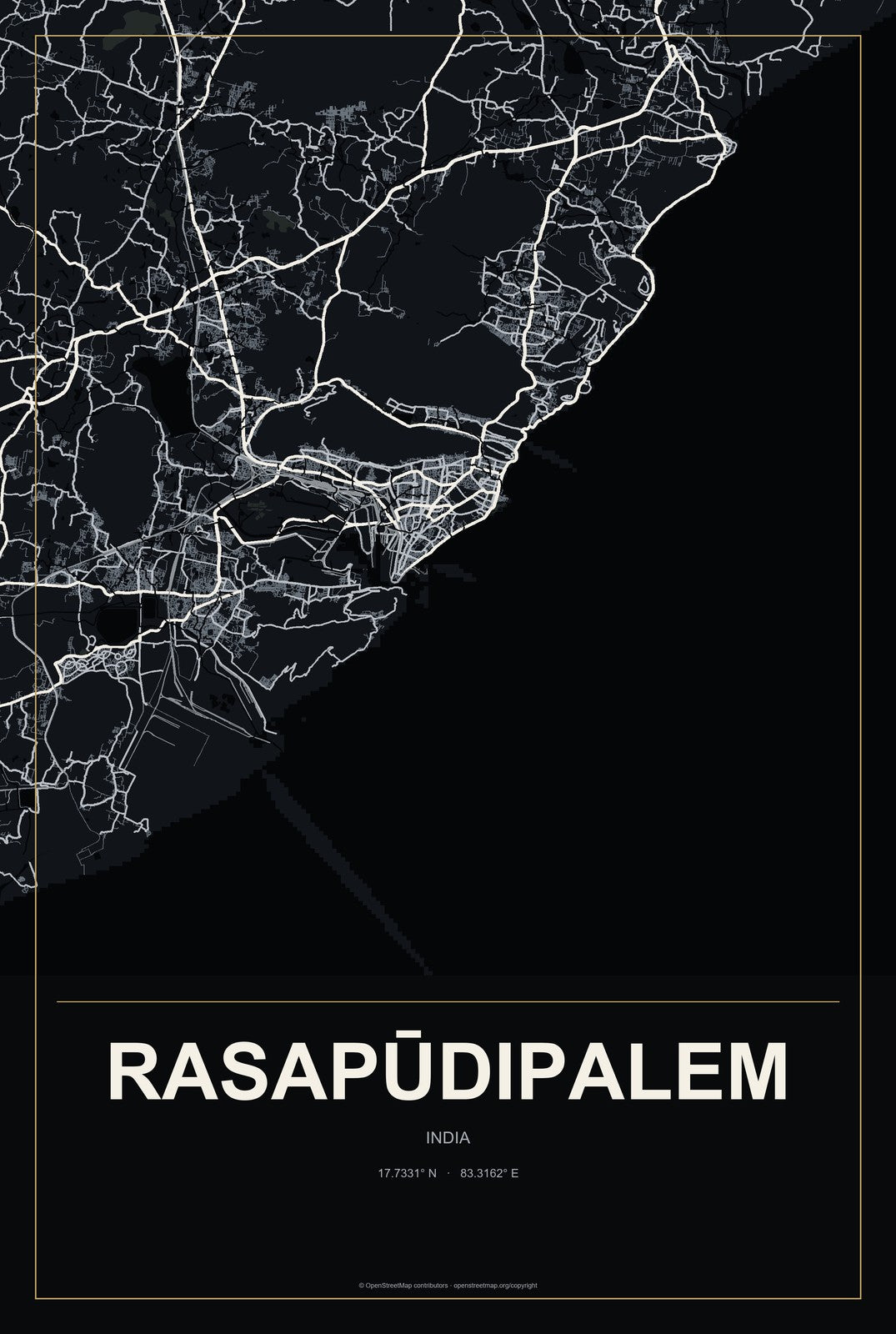 Rasapūdipalem, India City Map Aluminum Sign in Metropolitan Noir style