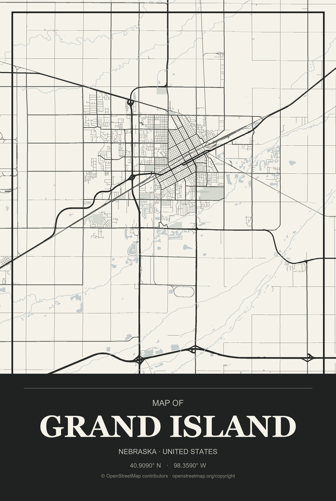 Grand Island, Nebraska City Map Aluminum Sign in Museum Plaque style
