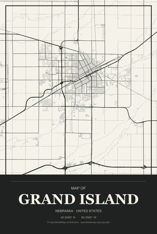 Grand Island, Nebraska City Map Aluminum Sign in Museum Plaque style