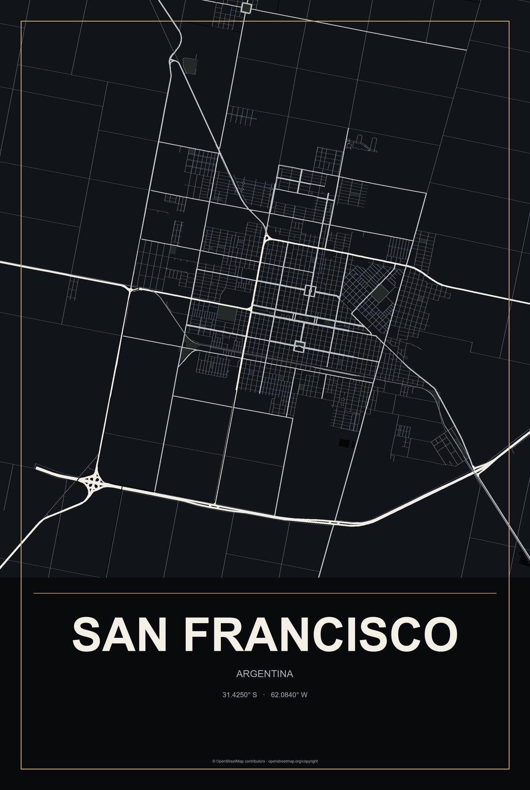 San Francisco, Argentina City Map Aluminum Sign in Metropolitan Noir style