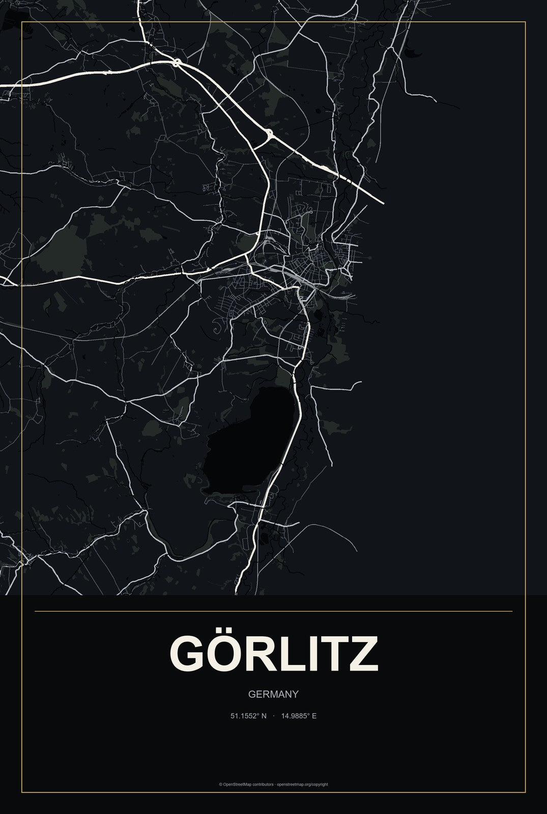 Görlitz, Germany City Map Aluminum Sign in Metropolitan Noir style