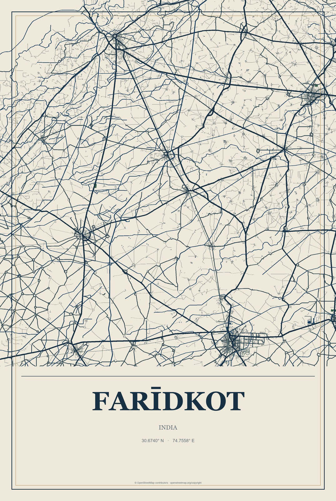 Farīdkot, India City Map Aluminum Sign in Coastal Cutout style