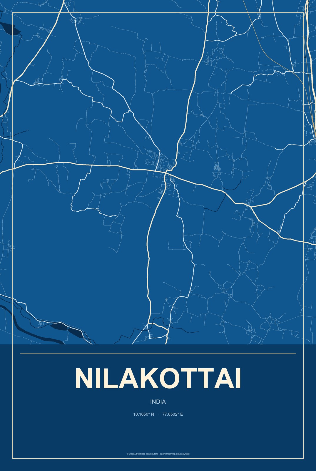 Nilakottai, India City Map Aluminum Sign in Harbor Cobalt style