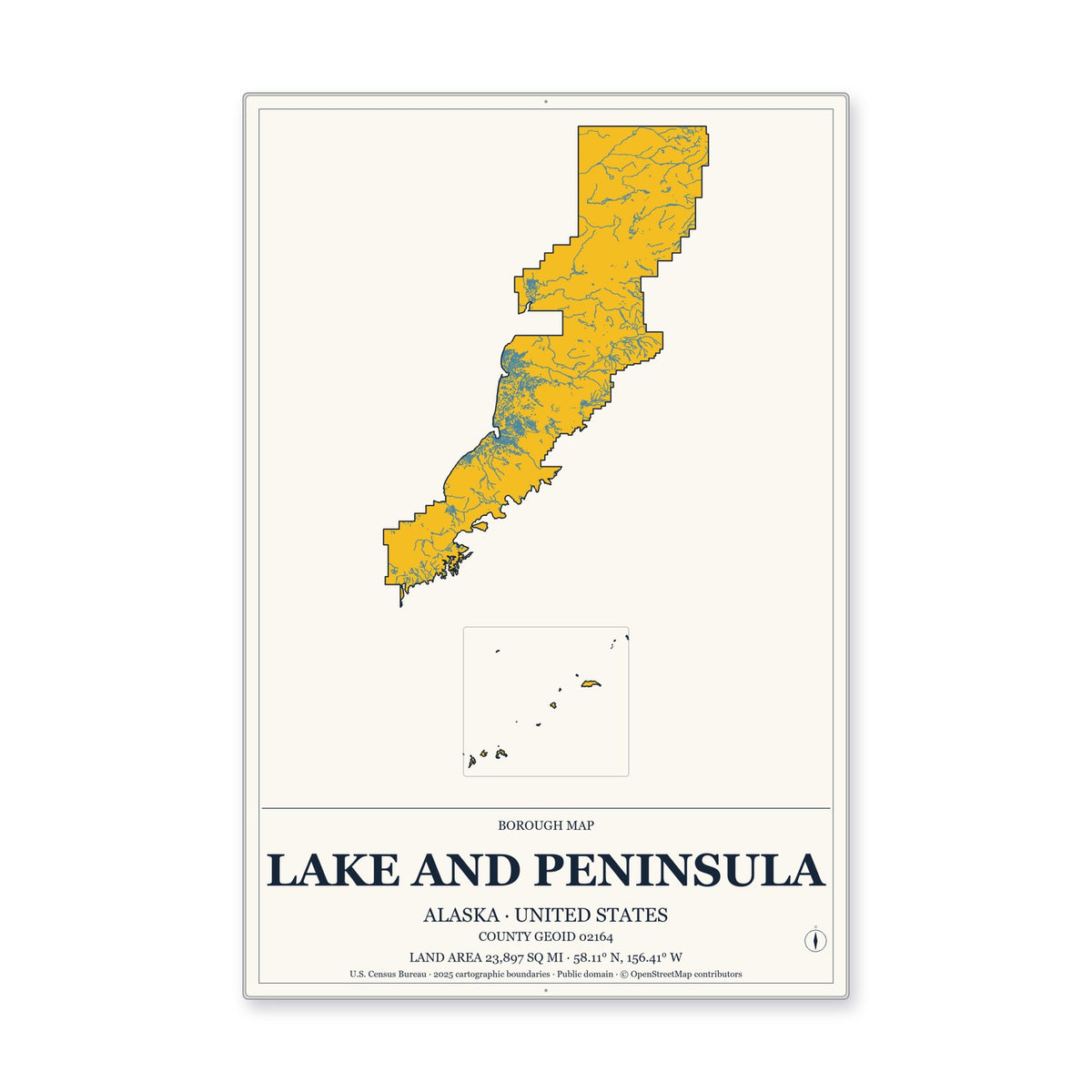 Lake and Peninsula Borough, Alaska Map Aluminum Sign in Citrine Modern style