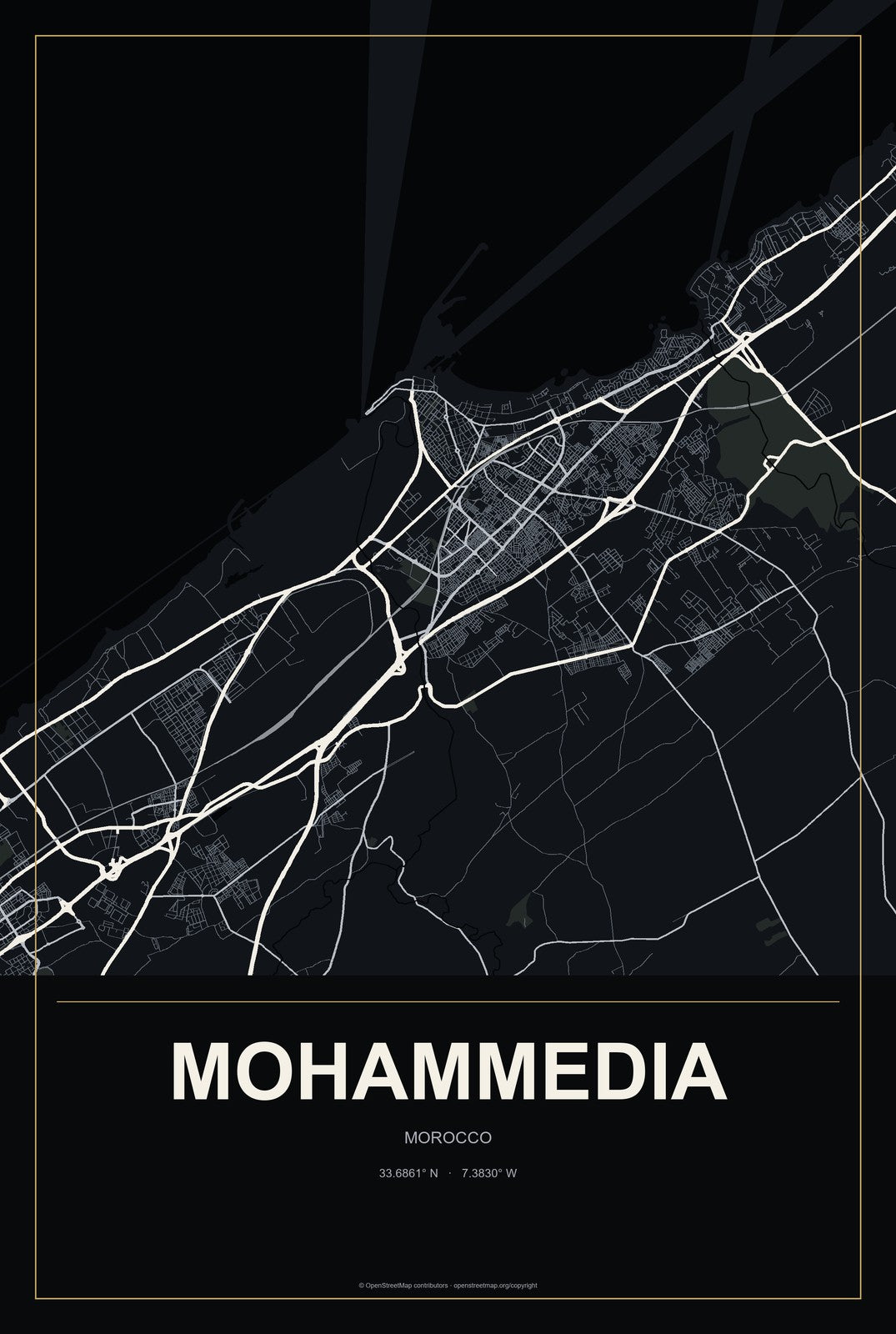 Mohammedia, Morocco City Map Aluminum Sign in Metropolitan Noir style