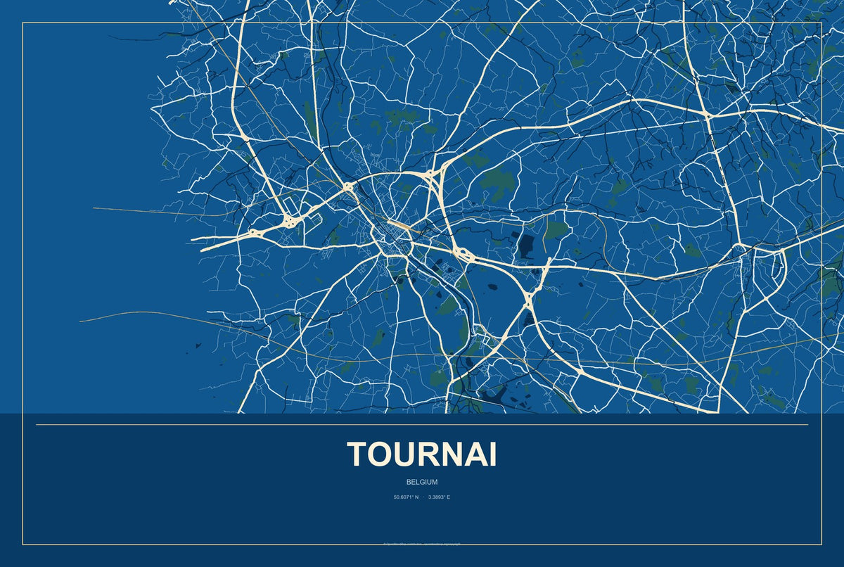Tournai, Belgium City Map Aluminum Sign in Harbor Cobalt style