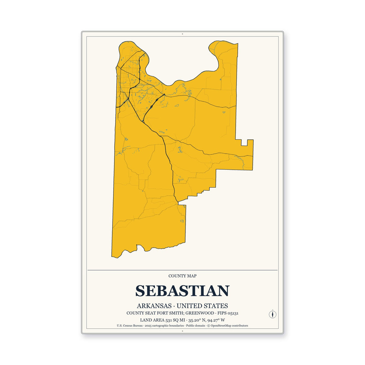 Sebastian County, Arkansas Map Aluminum Sign in Citrine Modern style