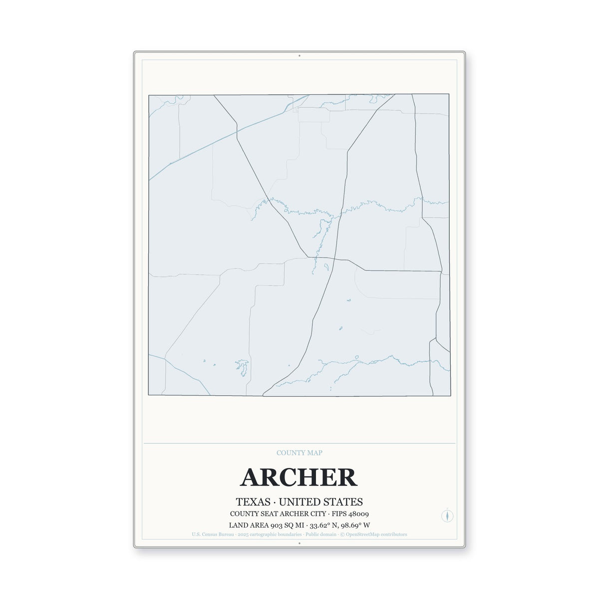Archer County, Texas Map Aluminum Sign in Gallery Air style
