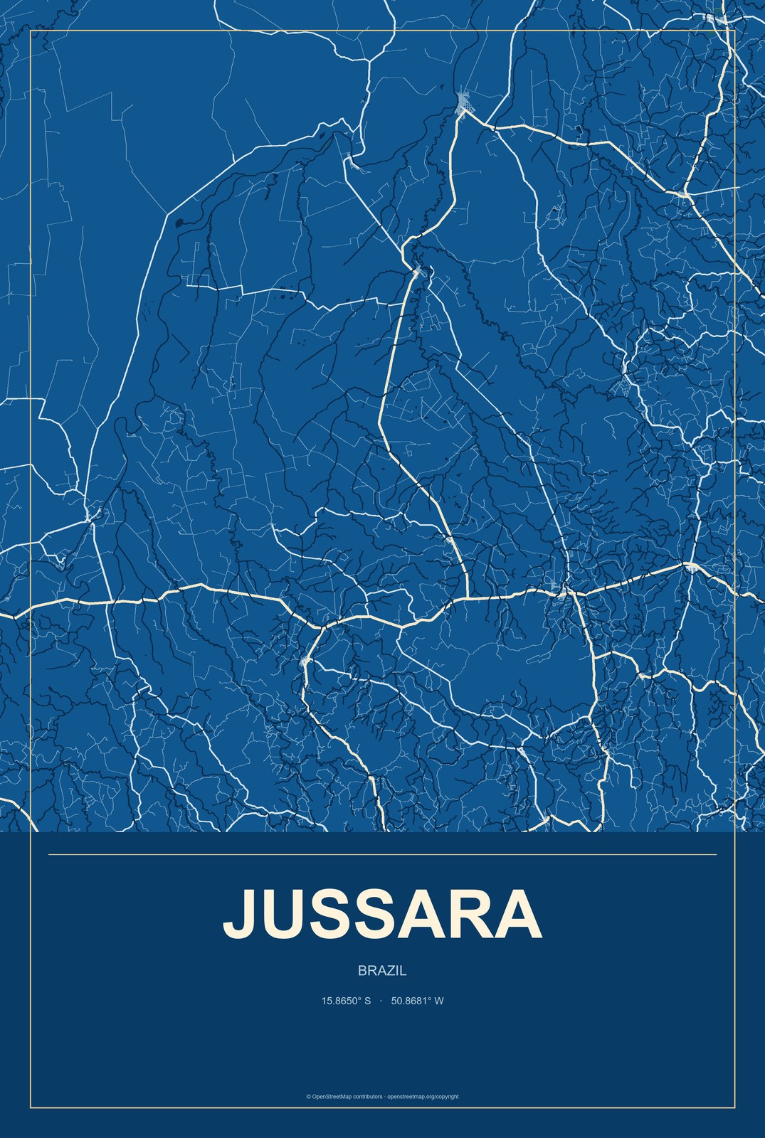 Jussara, Goiás, Brazil City Map Aluminum Sign in Harbor Cobalt style