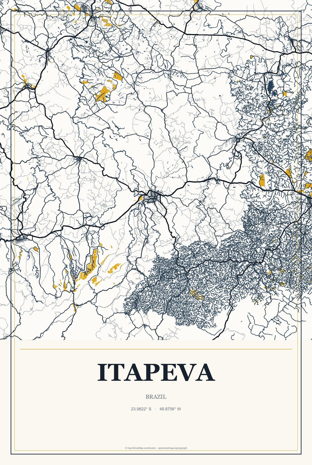 Itapeva, Minas Gerais, Brazil City Map Aluminum Sign in Citrine Modern style