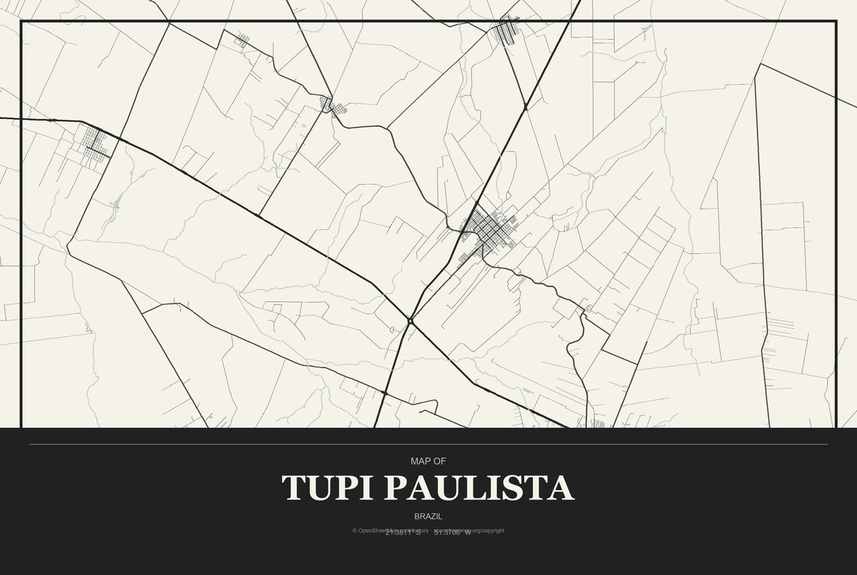 Tupi Paulista, Brazil City Map Aluminum Sign in Museum Plaque style