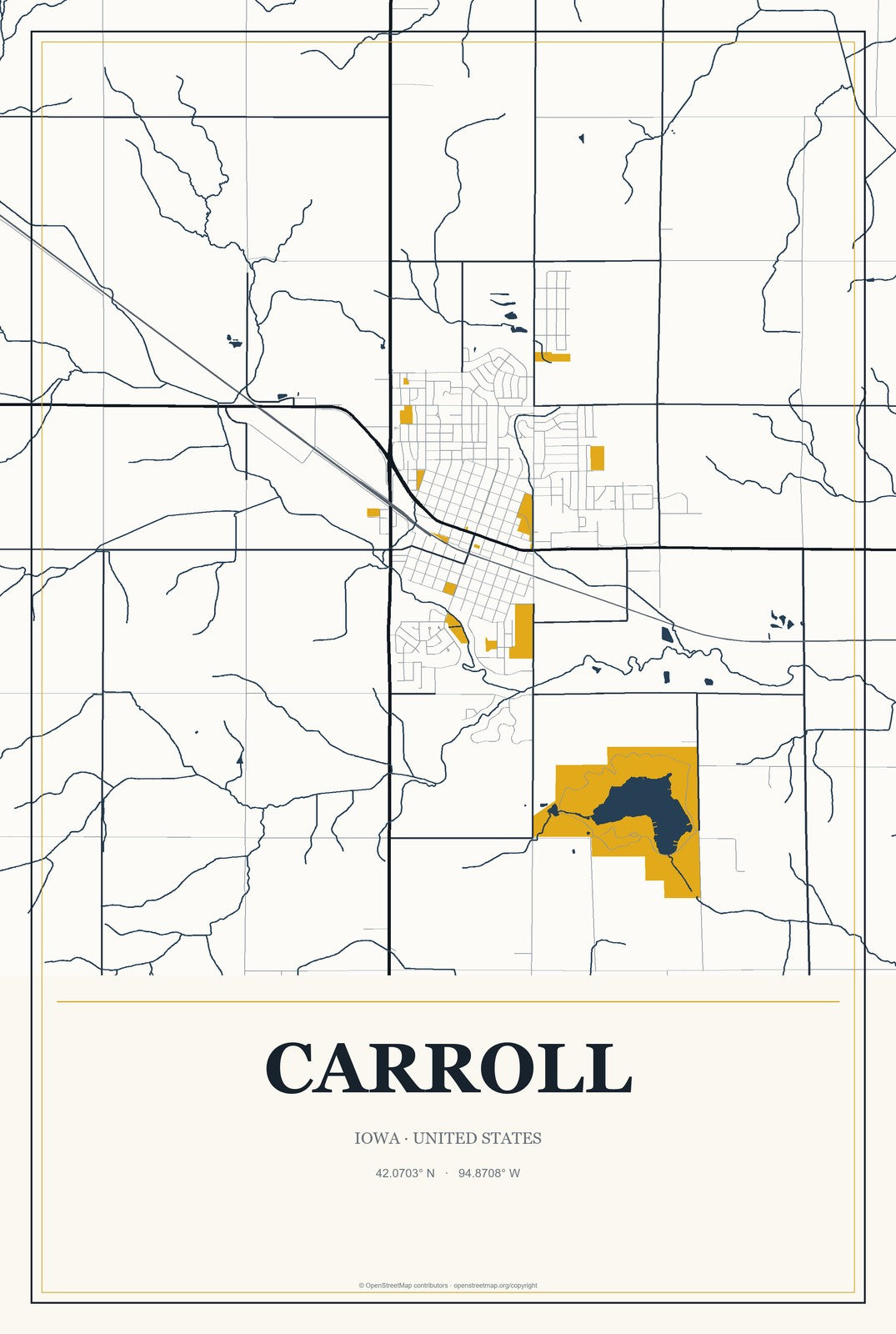 Carroll, Iowa City Map Aluminum Sign in Citrine Modern style