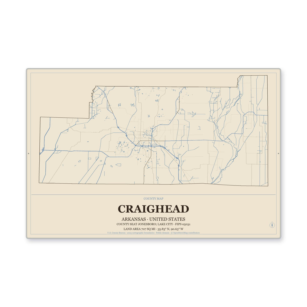 Craighead County, Arkansas Map Aluminum Sign in Heritage Nautical style