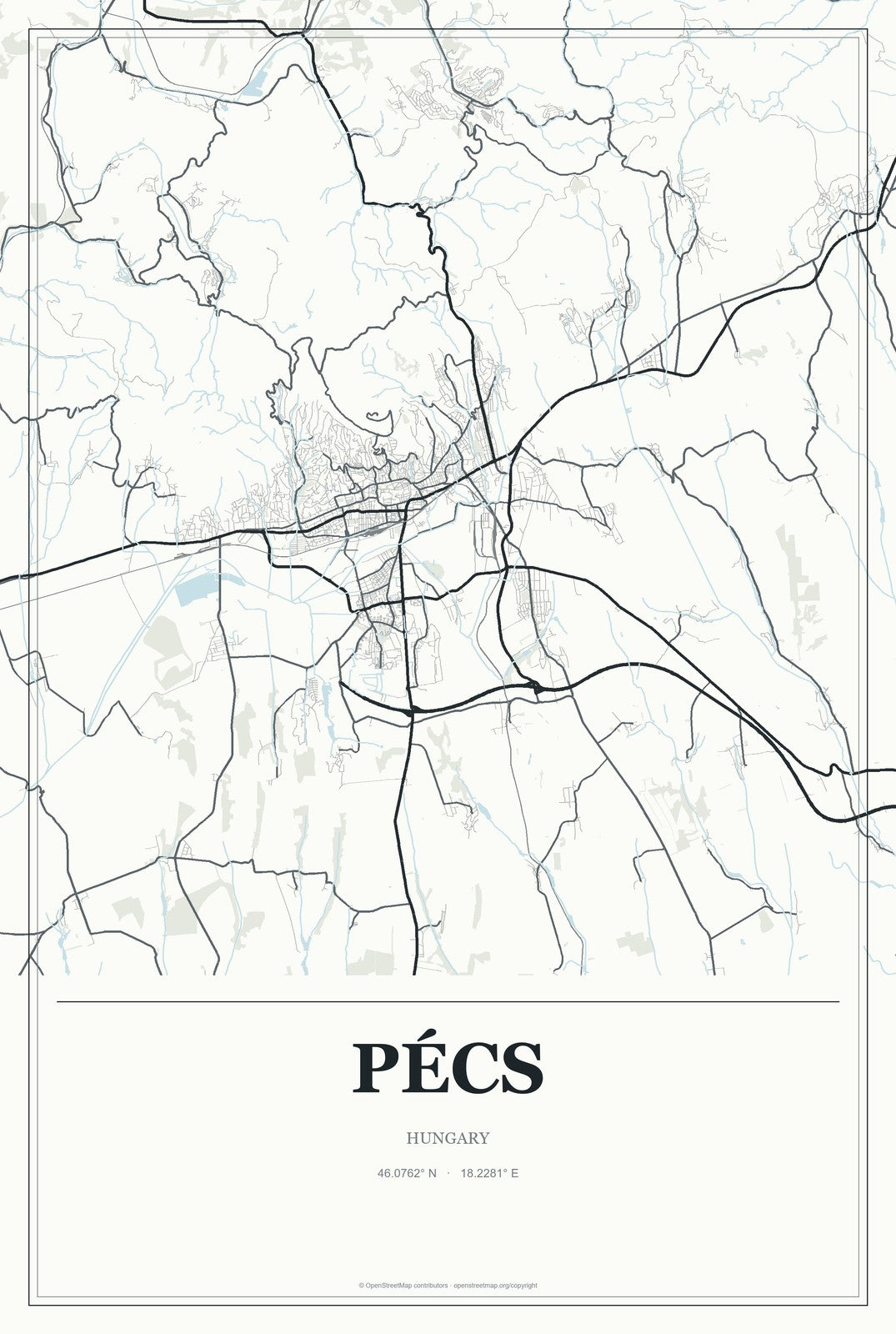 Pécs, Hungary City Map Aluminum Sign in Gallery Air style