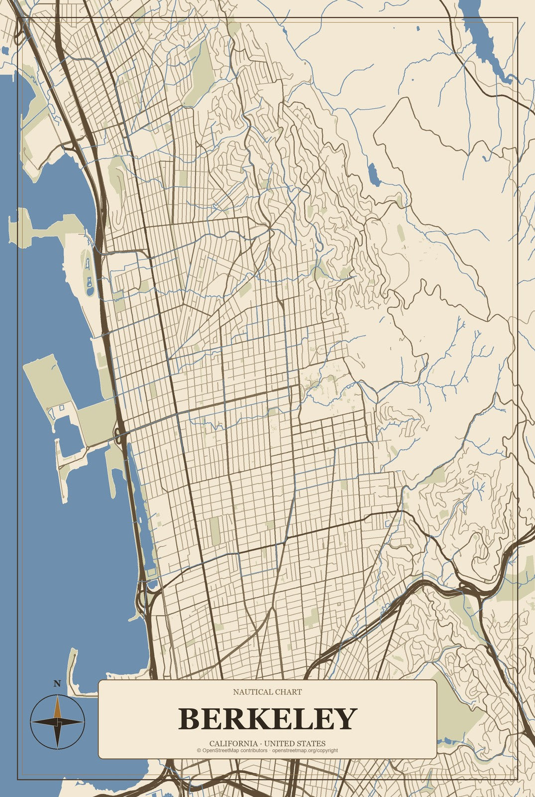 Berkeley, California City Map Aluminum Sign in Heritage Nautical style
