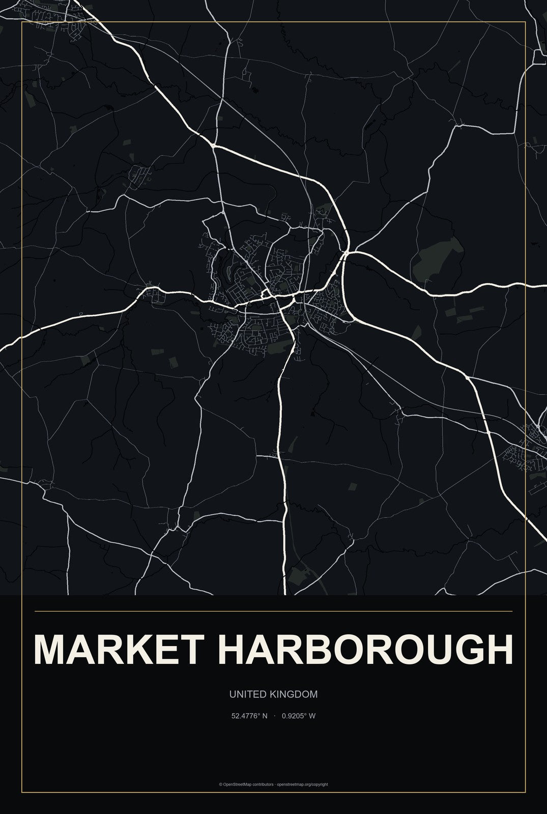 Market Harborough, United Kingdom City Map Aluminum Sign in Metropolitan Noir style
